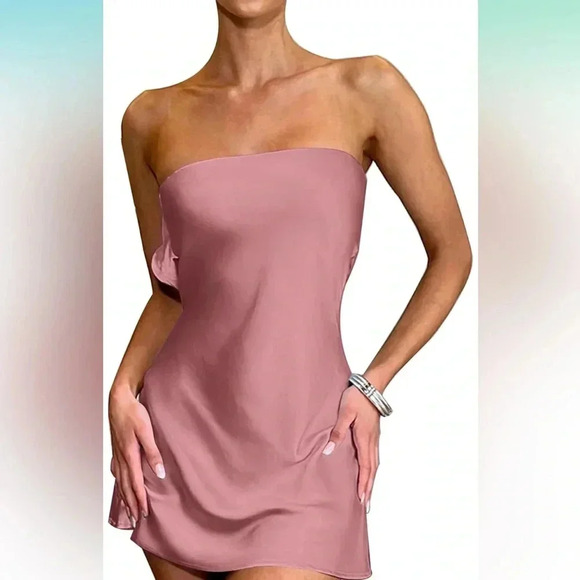 Satin Silk Hollow Out Back Strapless Tube Bodycon Mini Dress, XL, New - Picture 1 of 2
